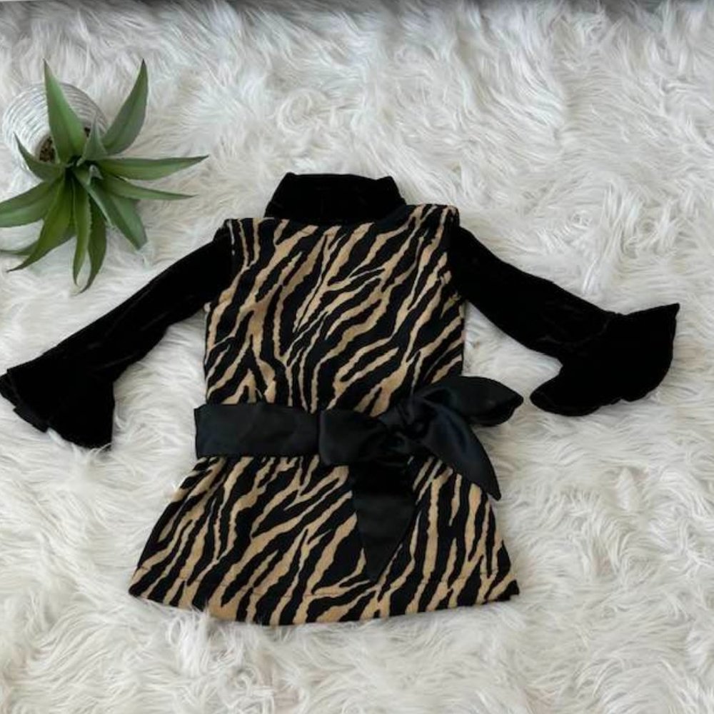 Greggy Girl Brown Zebra Jumper Dress Set Bell Sleeve Velvet Velour Ribbon Belt
